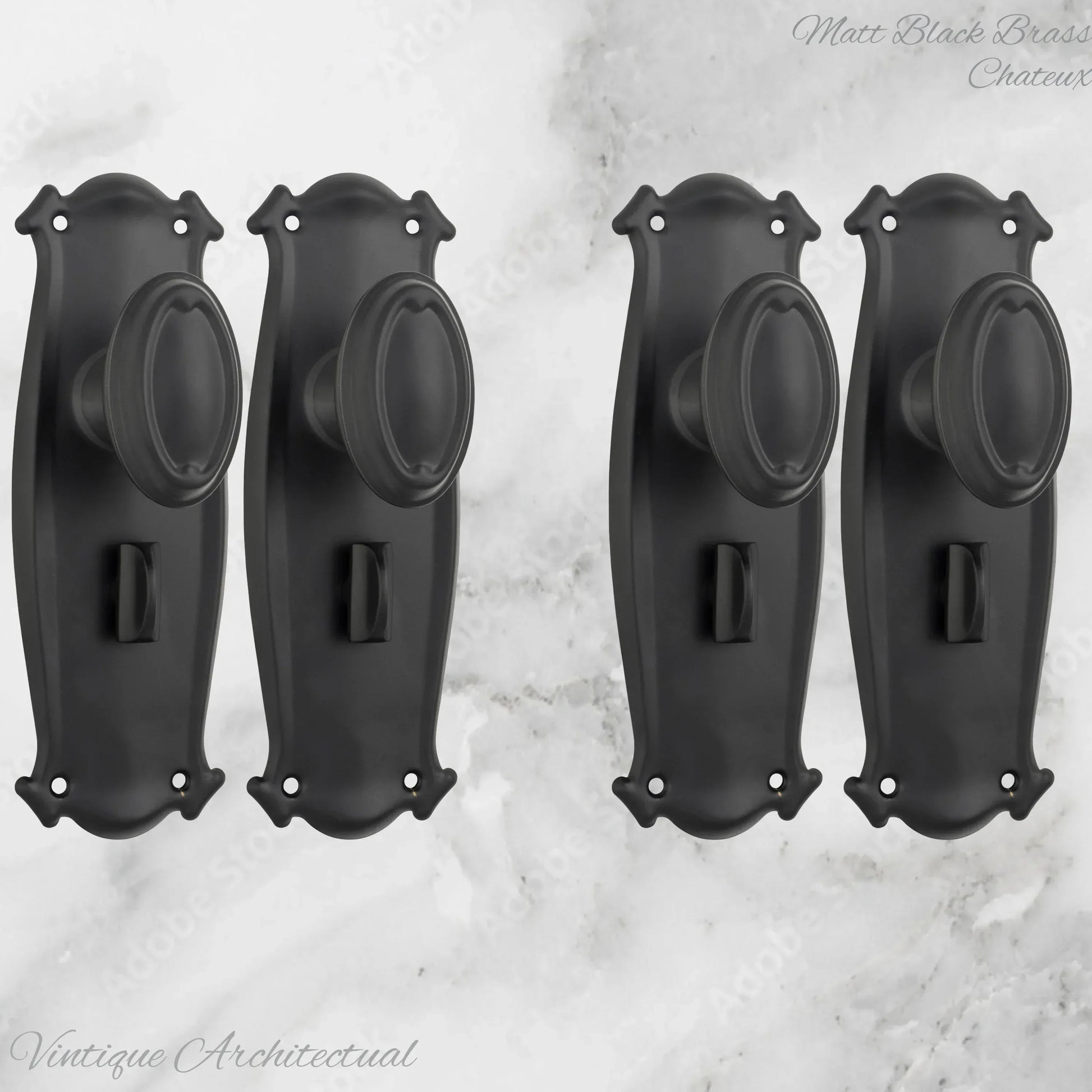 Matt Black Brass Chateau Door knob W/backplate 197 x 68mm - Vintique Concepts