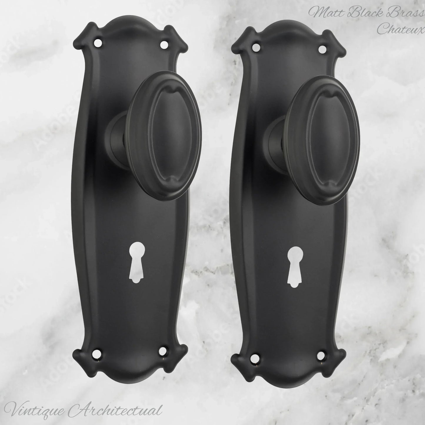 Matt Black Brass Chateau Door knob W/backplate 197 x 68mm - Vintique Concepts