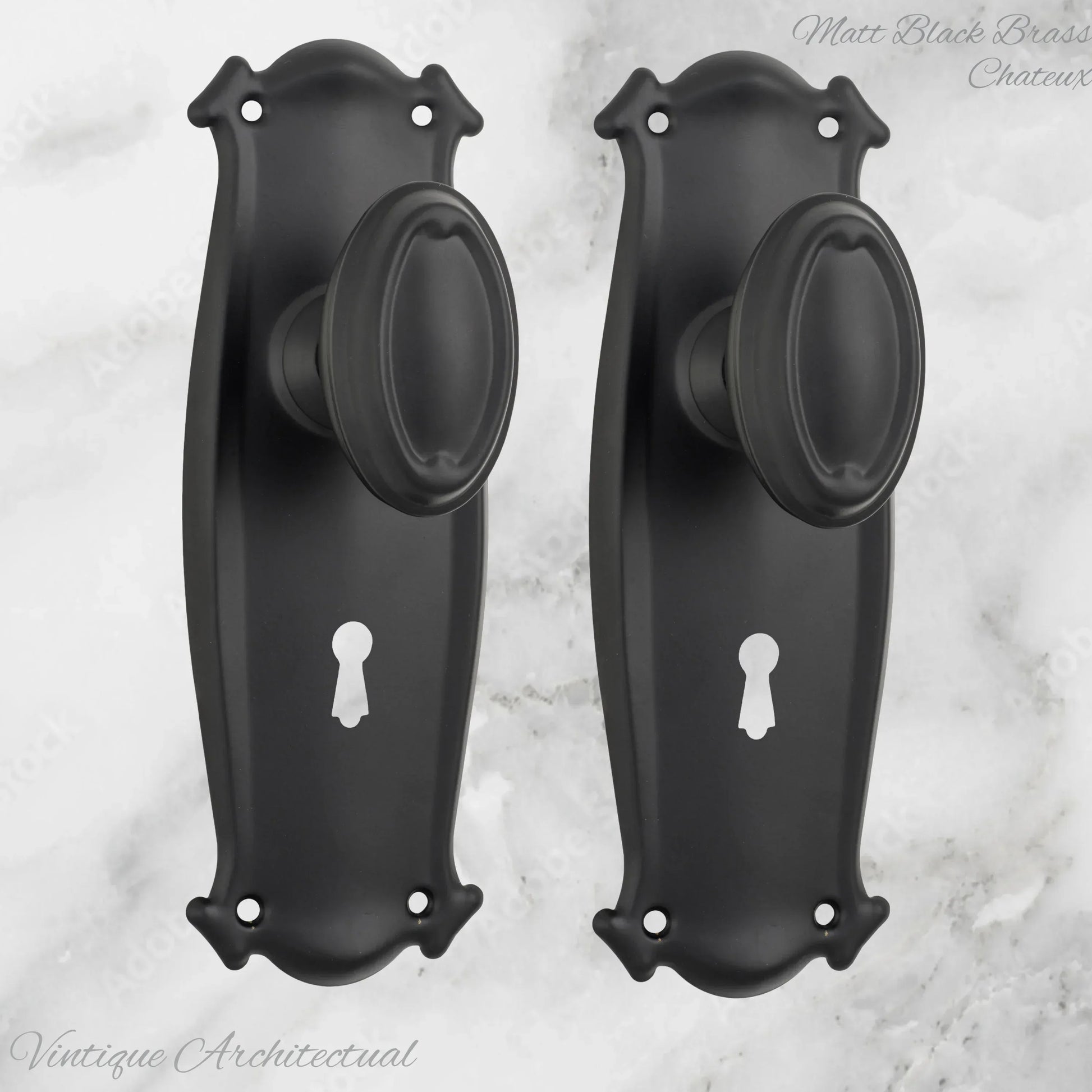 Matt Black Brass Chateau Door knob W/backplate 197 x 68mm - Vintique Concepts