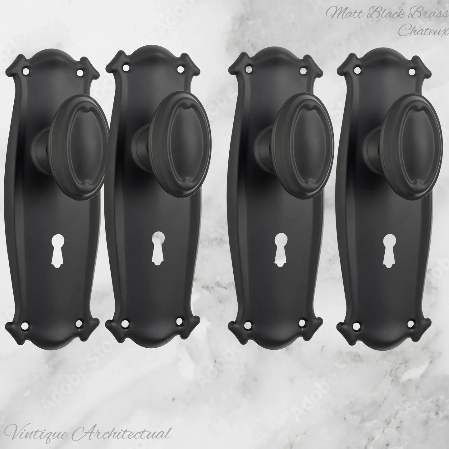 Matt Black Brass Chateau Door knob W/backplate 197 x 68mm - Vintique Concepts