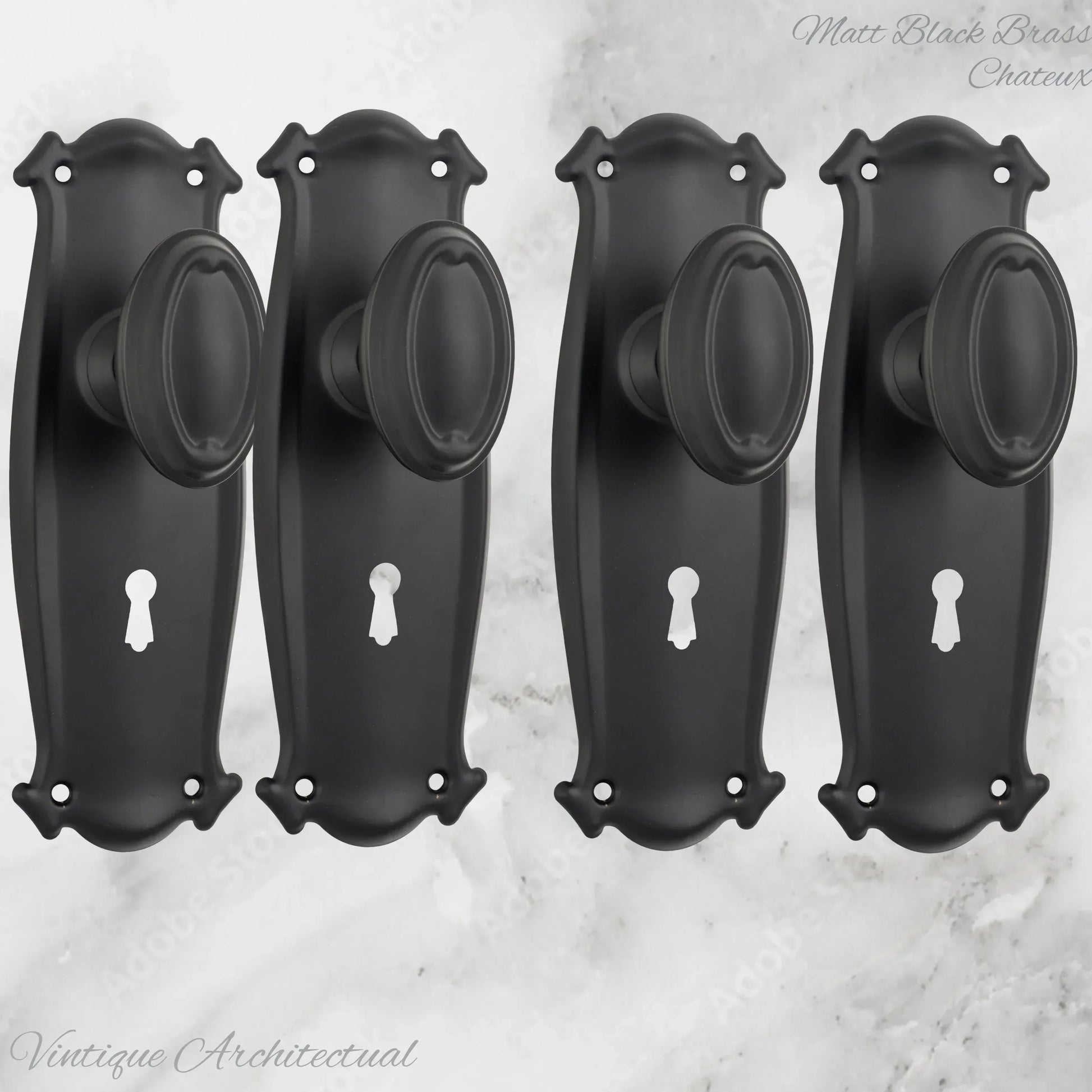 Matt Black Brass Chateau Door knob W/backplate 197 x 68mm - Vintique Concepts