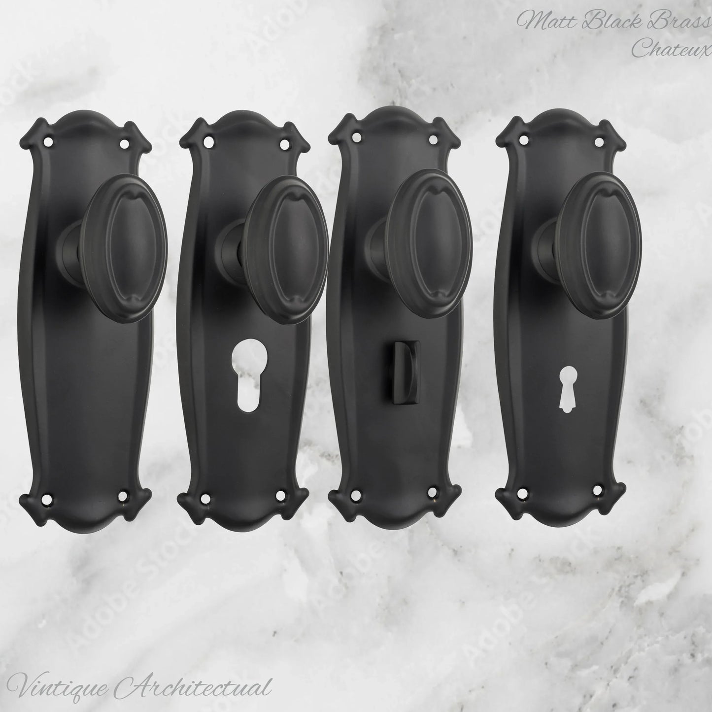 Matt Black Brass Chateau Door knob W/backplate 197 x 68mm - Vintique Concepts