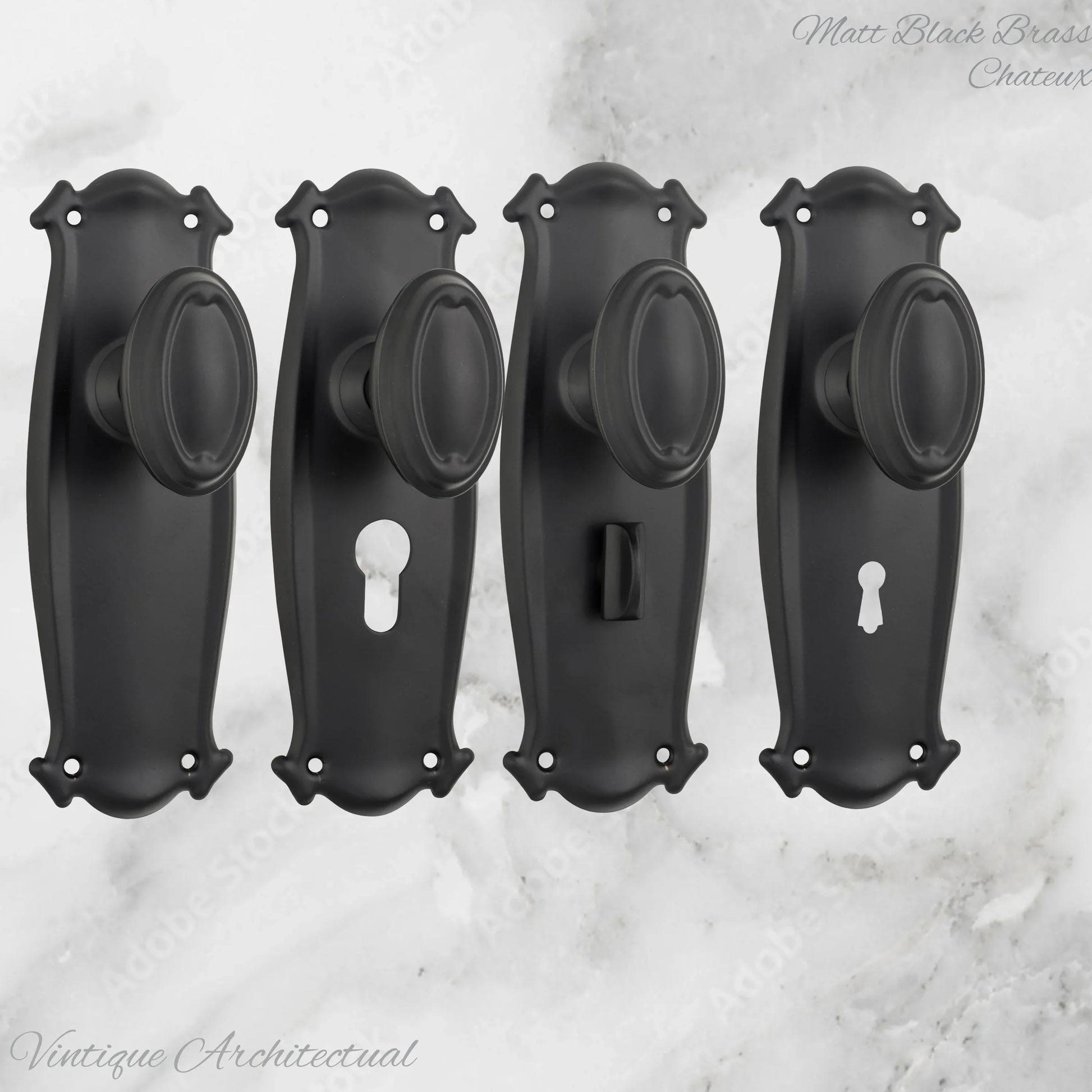 Matt Black Brass Chateau Door knob W/backplate 197 x 68mm - Vintique Concepts