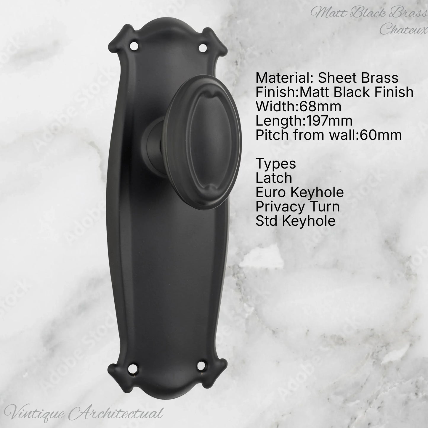 Matt Black Brass Chateau Door knob W/backplate 197 x 68mm - Vintique Concepts