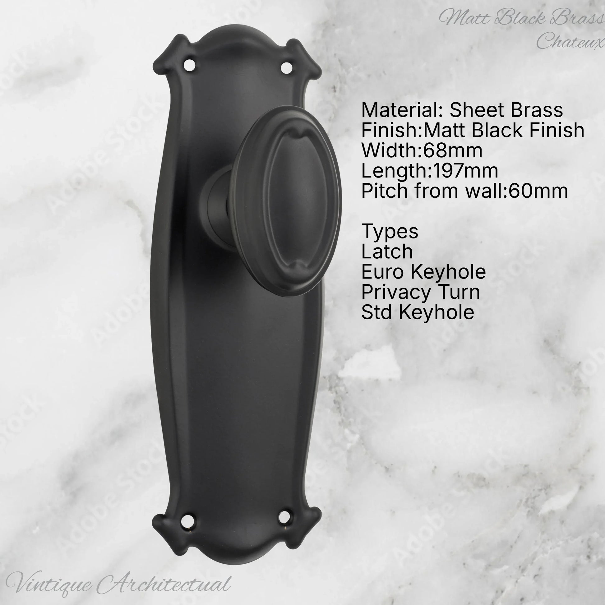 Matt Black Brass Chateau Door knob W/backplate 197 x 68mm - Vintique Concepts