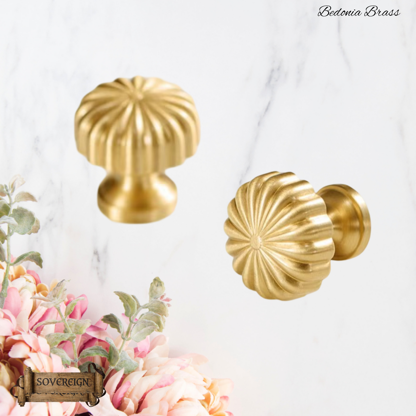 "Bedonia" Sovereign Ribbed Mushroom  Brass cabinet / Drawer Knob 24mm dia