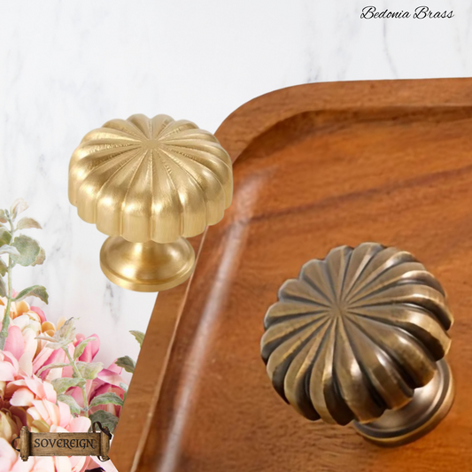 "Bedonia" Sovereign Ribbed Mushroom  Brass cabinet / Drawer Knob 30mm dia