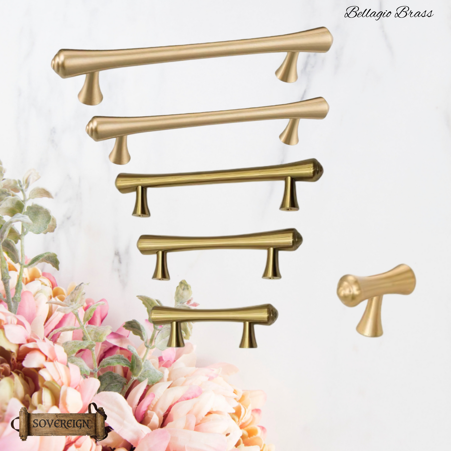 "Bellagio" Sovereign Contured T-Bar Brushed Brass cabinet / Drawer handle-6 Sizes
