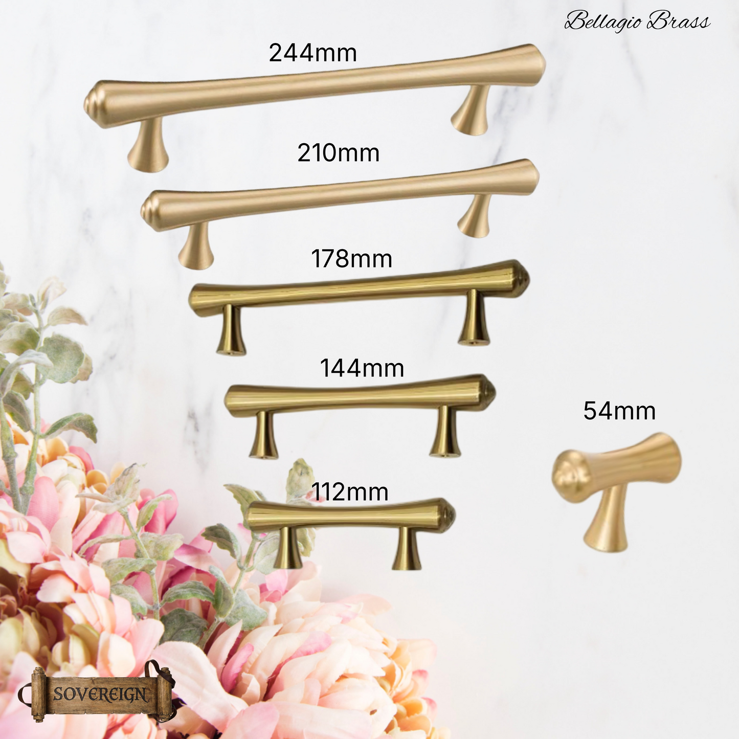 "Bellagio" Sovereign Contured T-Bar Brushed Brass cabinet / Drawer handle-6 Sizes
