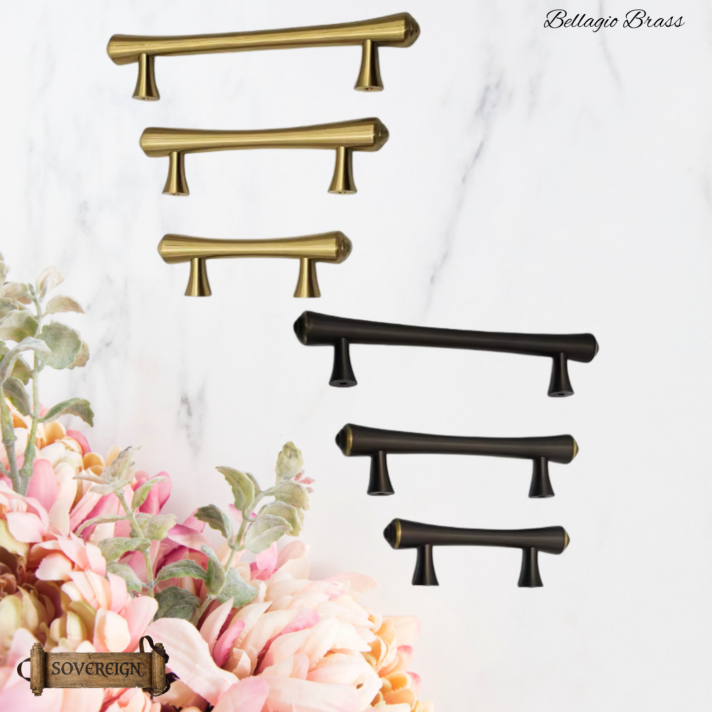 "Bellagio" Sovereign Contured T-Bar Antiqued Brass cabinet / Drawer handle-6 Sizes