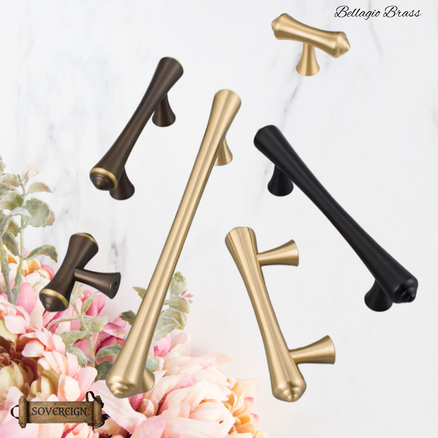 "Bellagio" Sovereign Contured T-Bar Antiqued Brass cabinet / Drawer handle-6 Sizes