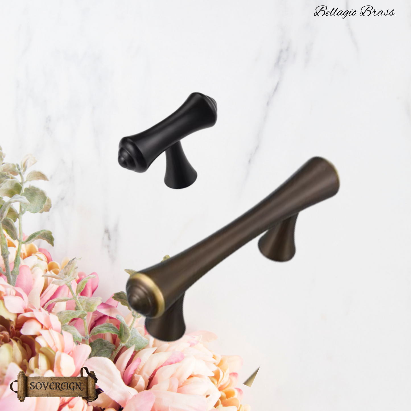 "Bellagio" Sovereign Contured T-Bar Antiqued Brass cabinet / Drawer handle-6 Sizes