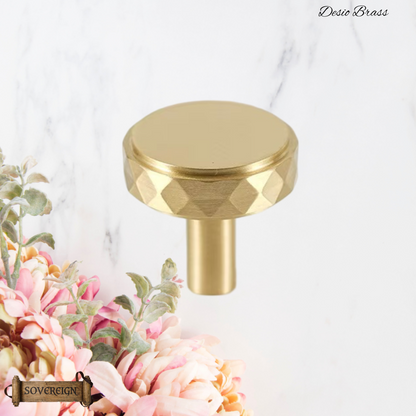 "Dessio" Sovereign Diamond Brushed Brass cabinet / Drawer Knob 34mm dia