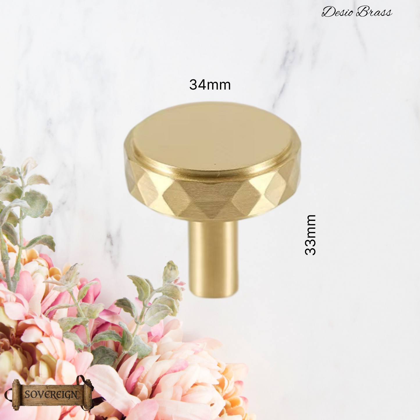 "Dessio" Sovereign Diamond Brushed Brass cabinet / Drawer Knob 34mm dia