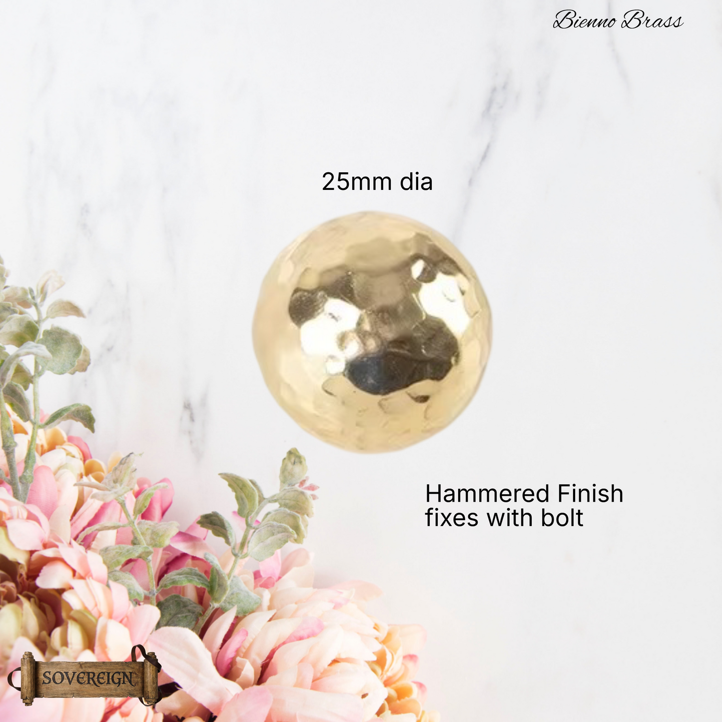 "Bienno" Sovereign Hammered Ball Polished Brass cabinet / Drawer Knob 25mm dia