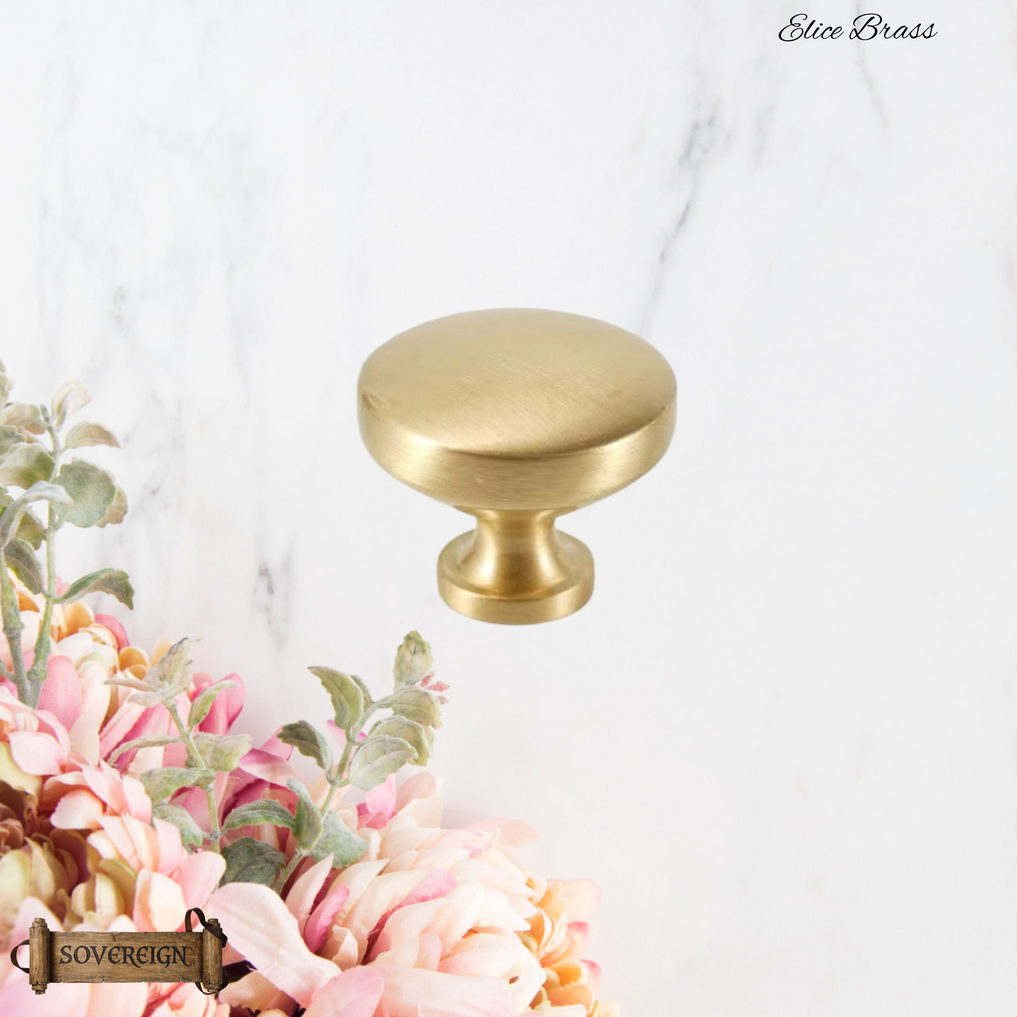 "Elice" Sovereign Smooth contoured Brushed Brass cabinet / Drawer Knob -3 sizes