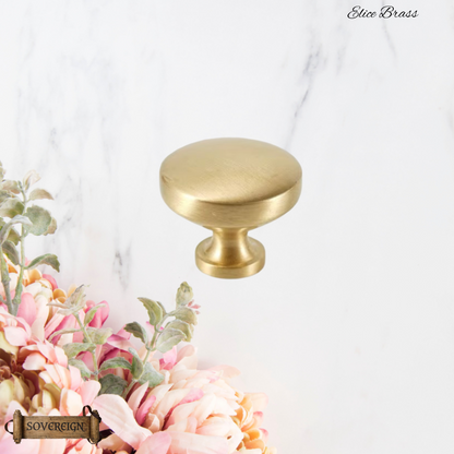 "Elice" Sovereign Smooth contoured Brushed Brass cabinet / Drawer Knob -3 sizes