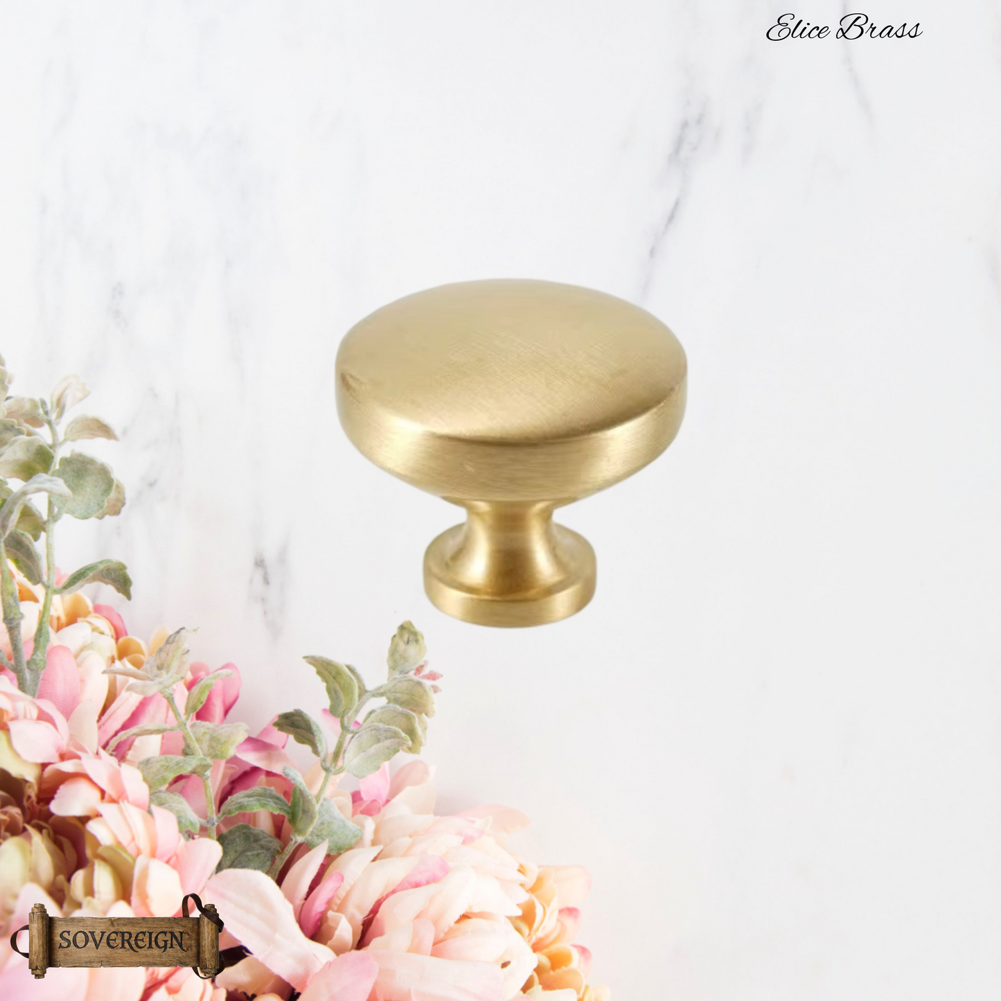 "Elice" Sovereign Smooth contoured Brushed Brass cabinet / Drawer Knob -3 sizes
