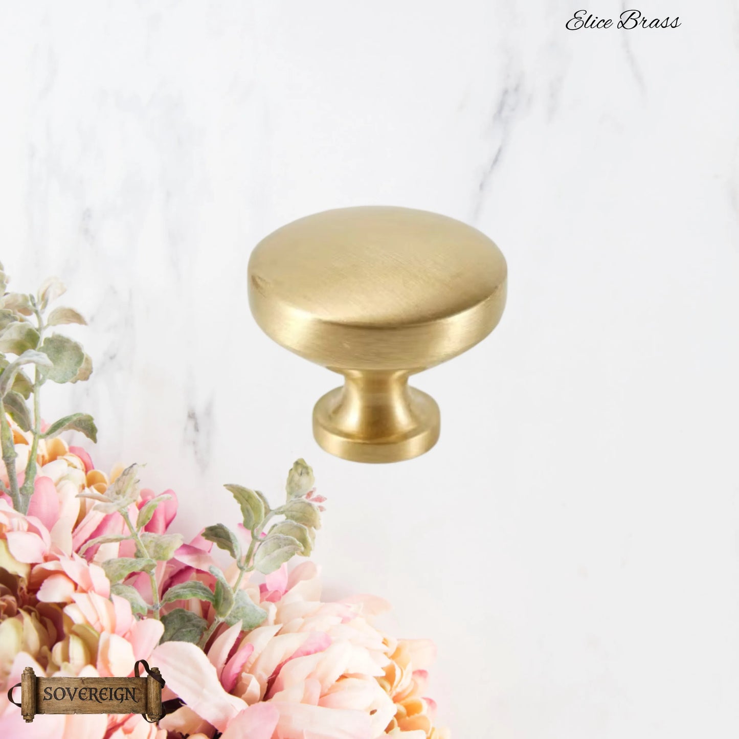 "Elice" Sovereign Smooth contoured Brushed Brass cabinet / Drawer Knob -3 sizes