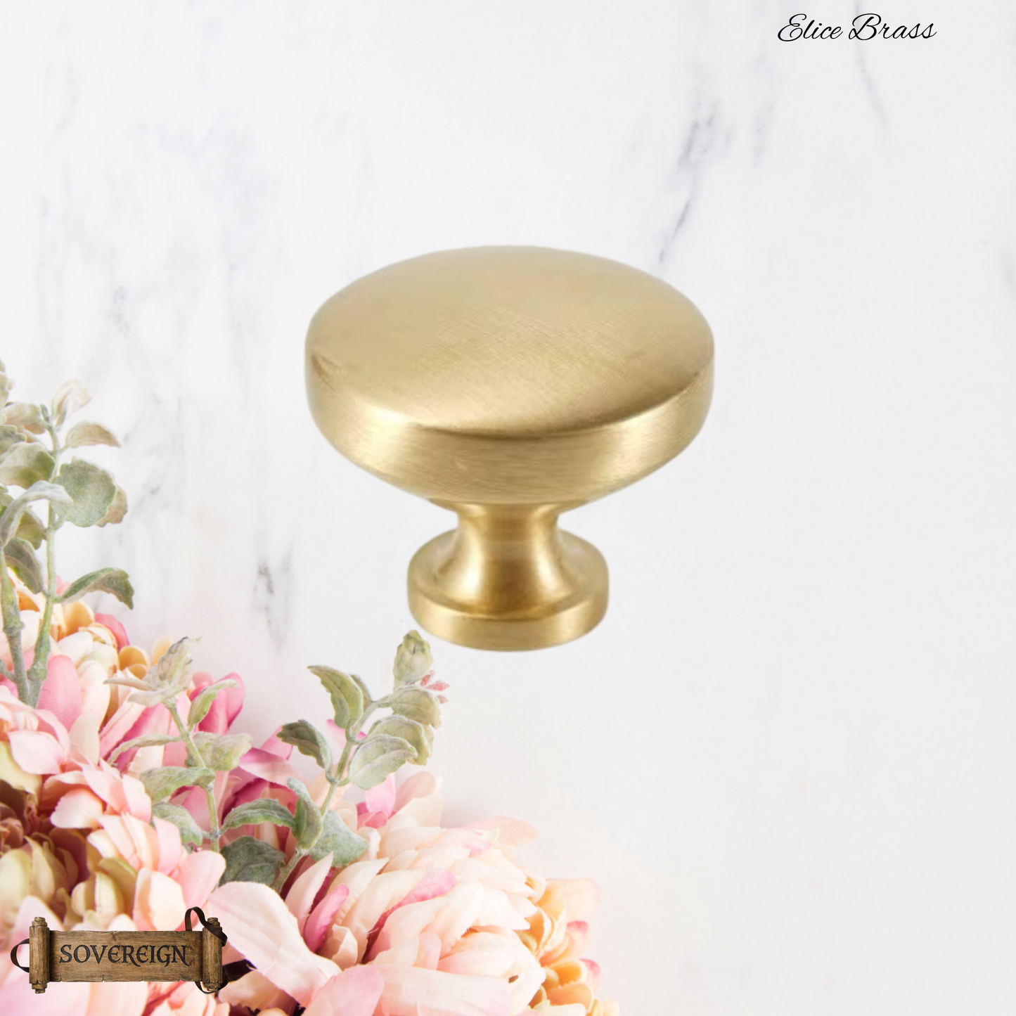 "Elice" Sovereign Smooth contoured Brushed Brass cabinet / Drawer Knob -3 sizes