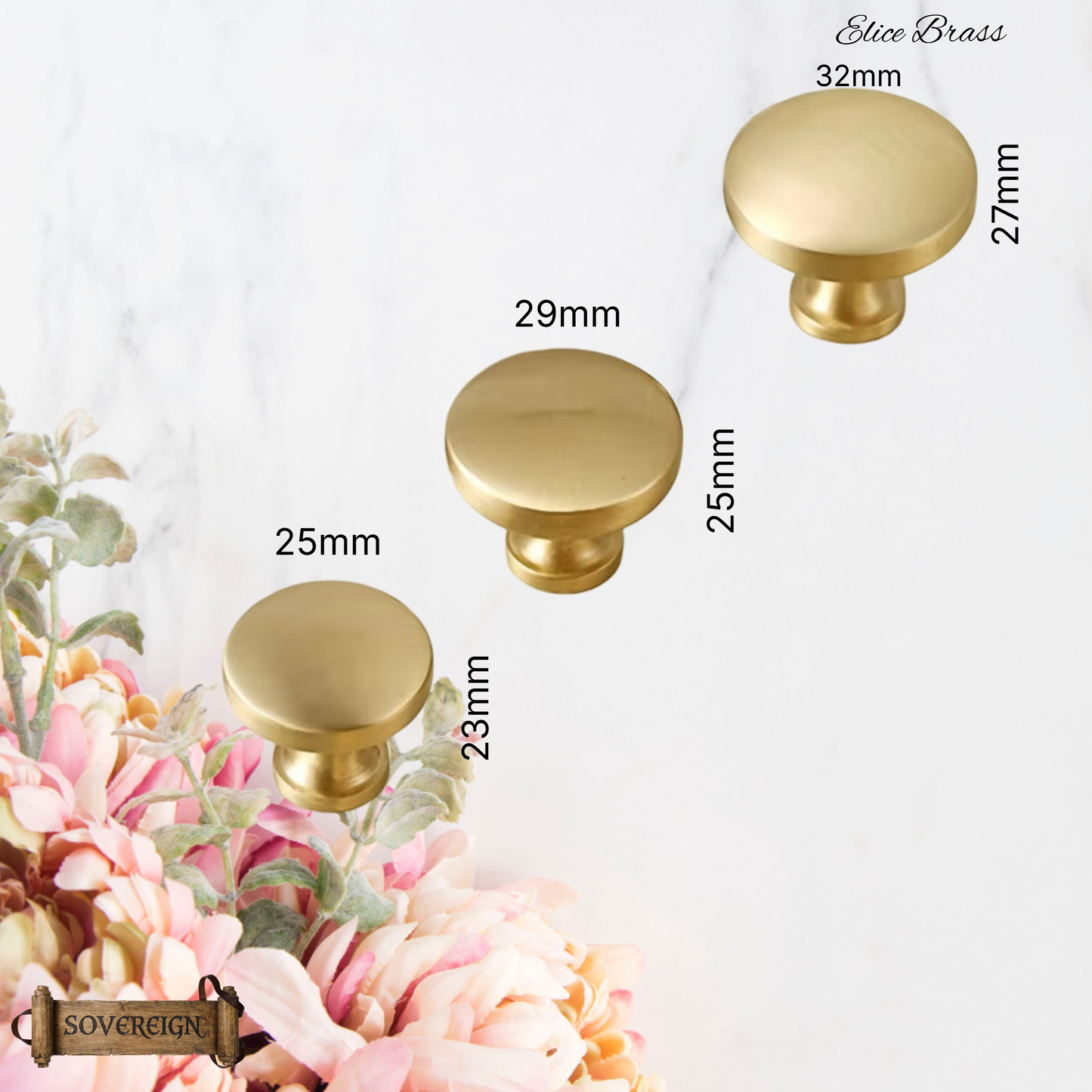 "Elice" Sovereign Smooth contoured Brushed Brass cabinet / Drawer Knob -3 sizes