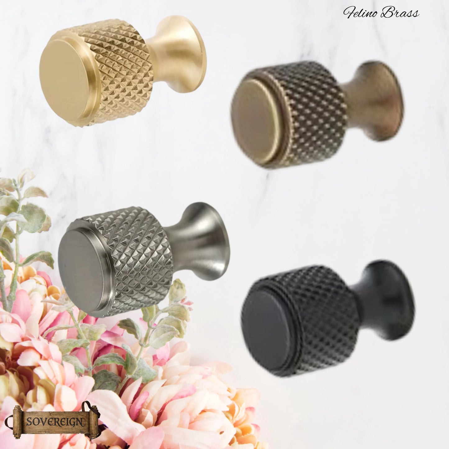 "Felino" Sovereign Knurled Cross Brushed Brass cabinet / Drawer Knob 20mm dia-4 Finishes