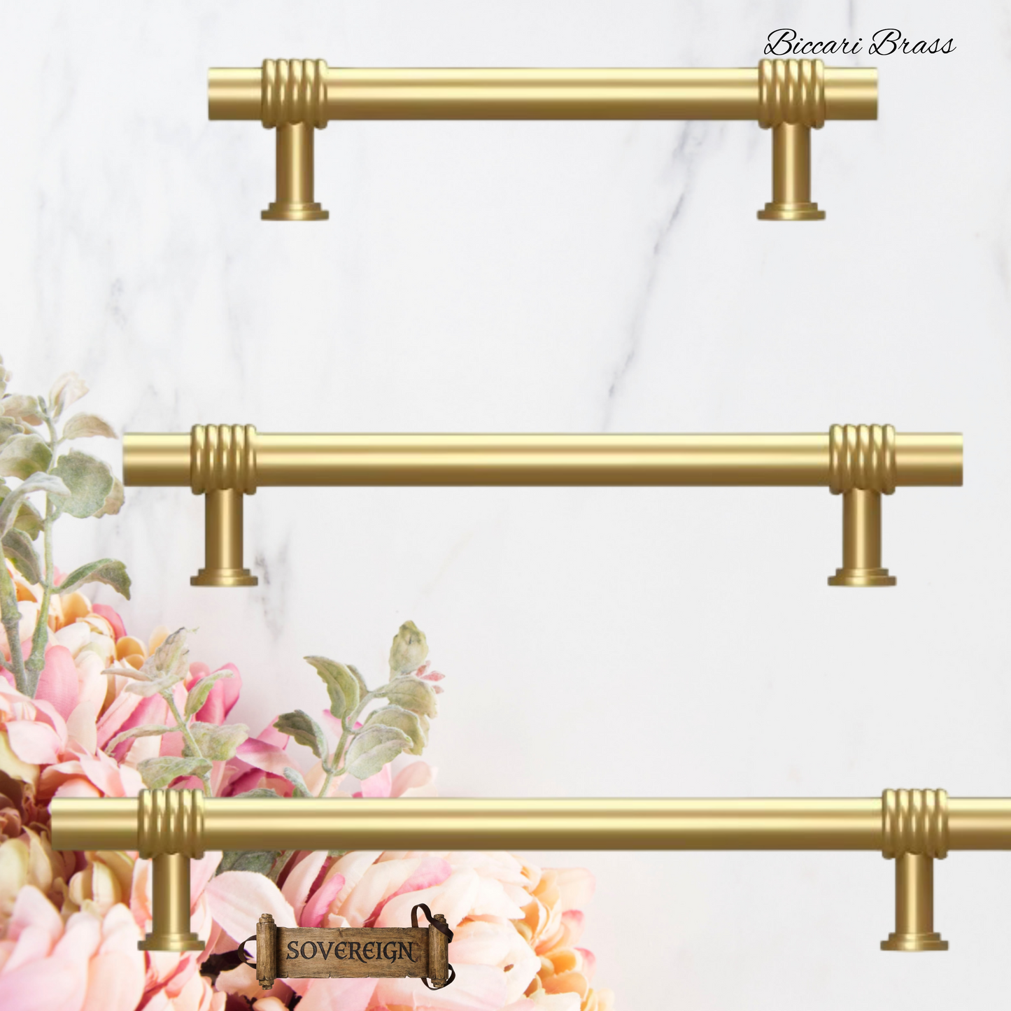 "Biccari" Sovereign Wheel Brushed Brass cabinet T-Bar Handles -7 Sizes
