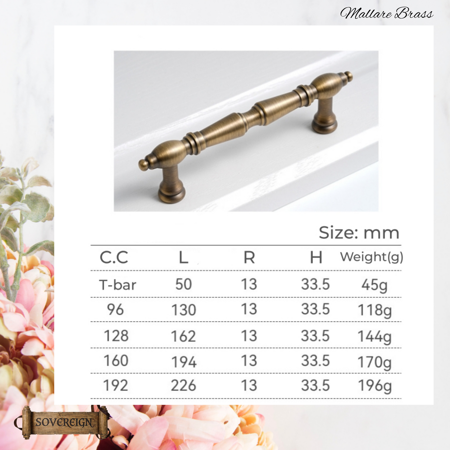 "Mallare" Sovereign Brushed Brass cabinet T-Bar Handles -5 Sizes