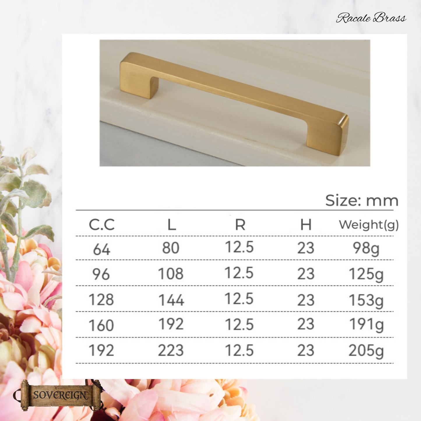 "Racale" Sovereign lovely Brushed Brass cabinet D-Handle Pulls -5 sizes