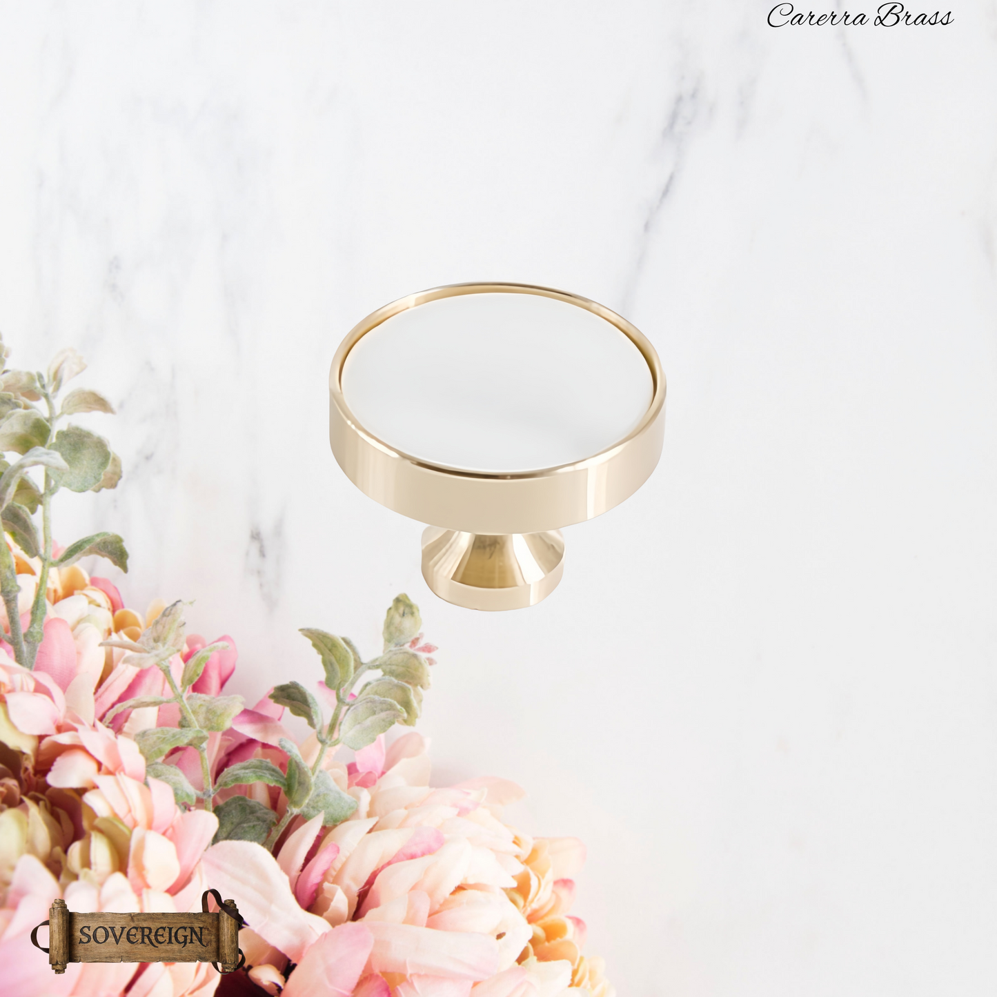 "Cararra"Sovereign Brass W/White inlay cabinet / Drawer Knob 32mm dia