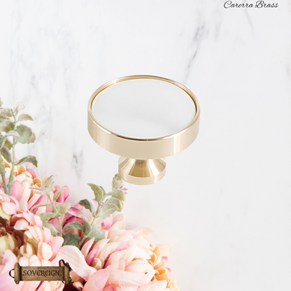 "Cararra"Sovereign Brass W/White inlay cabinet / Drawer Knob 37mm dia