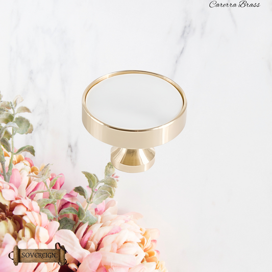 "Cararra"Sovereign Brass W/White inlay cabinet / Drawer Knob 37mm dia