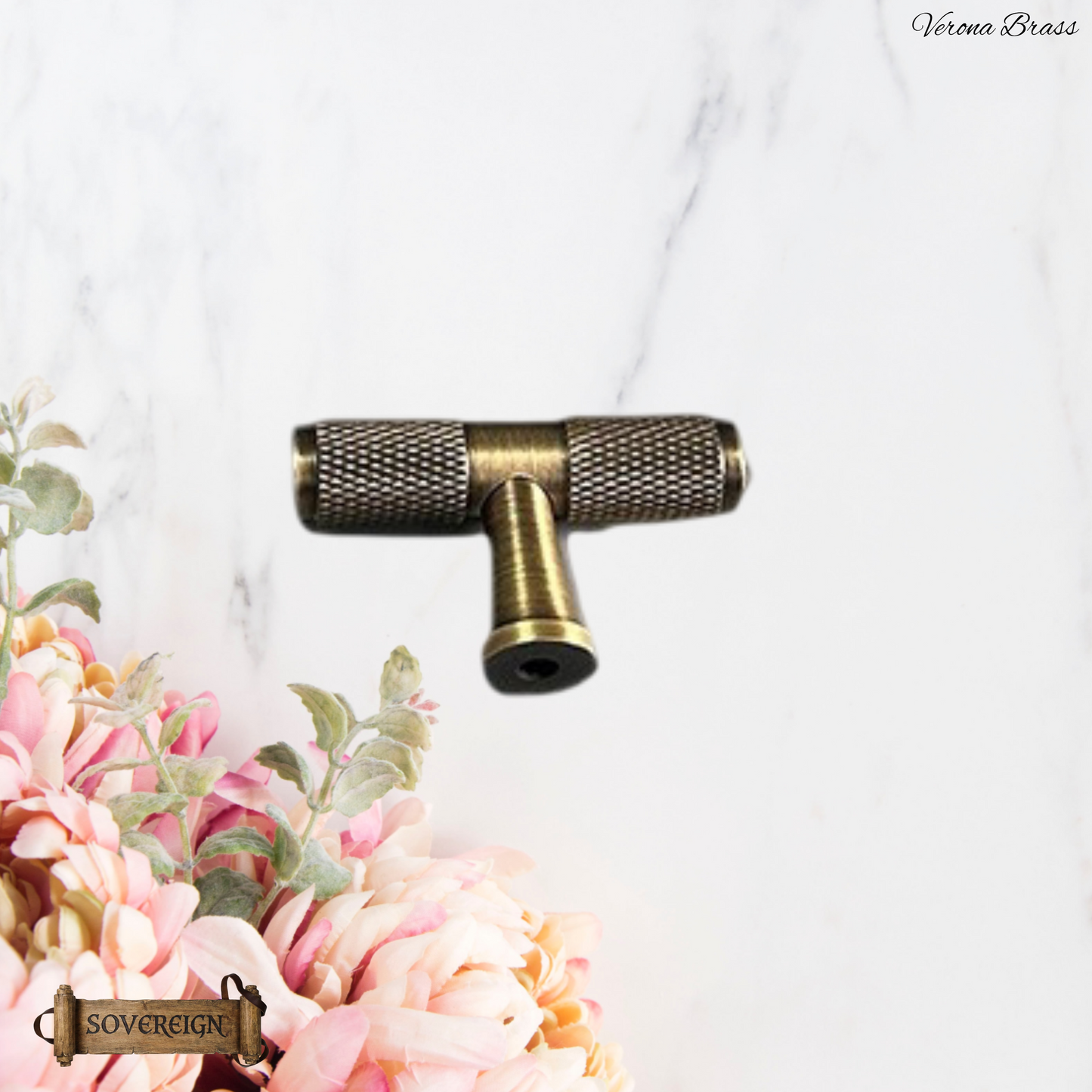 "Verona" Sovereign Knurled Antiqued Brass cabinet T-Bar Handles -10 Sizes