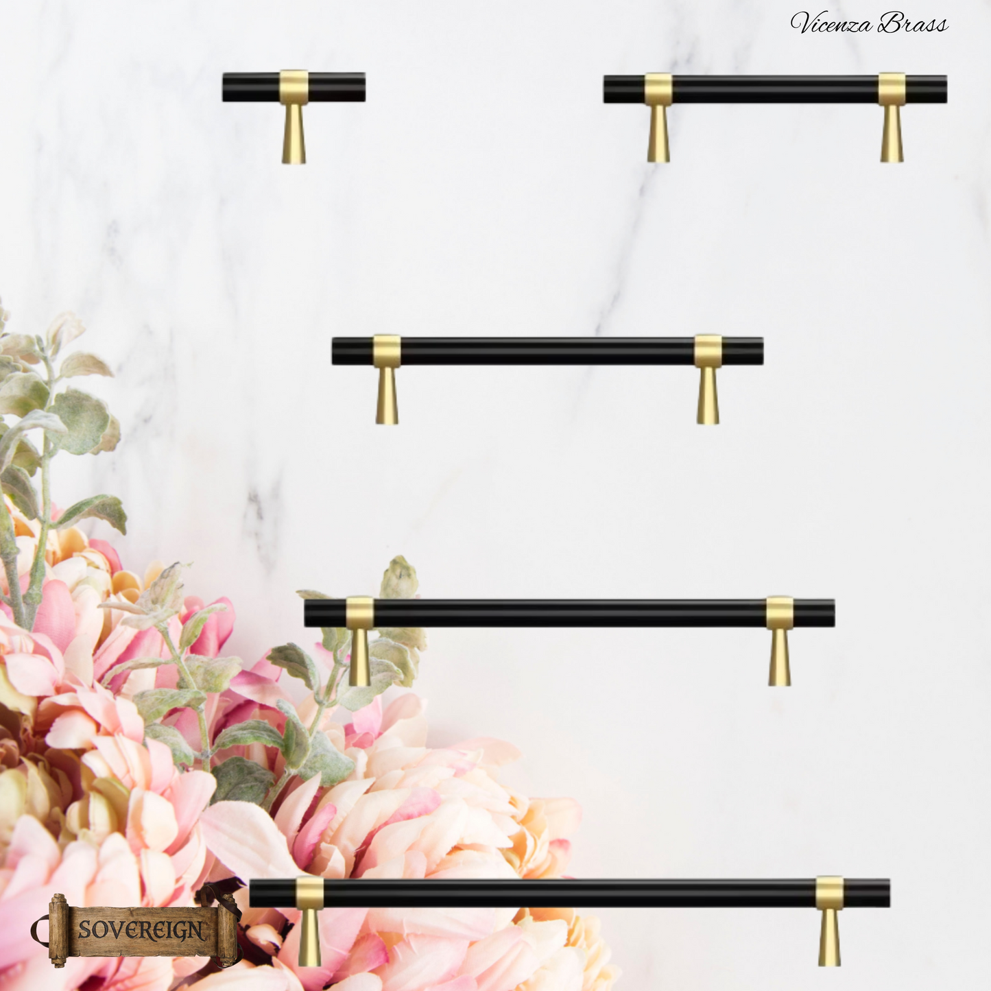"Vicenza" Sovereign Black & Gold Brass cabinet T-Bar Handles -10 Sizes