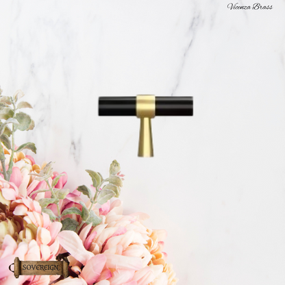 "Vicenza" Sovereign Black & Gold Brass cabinet T-Bar Handles -10 Sizes