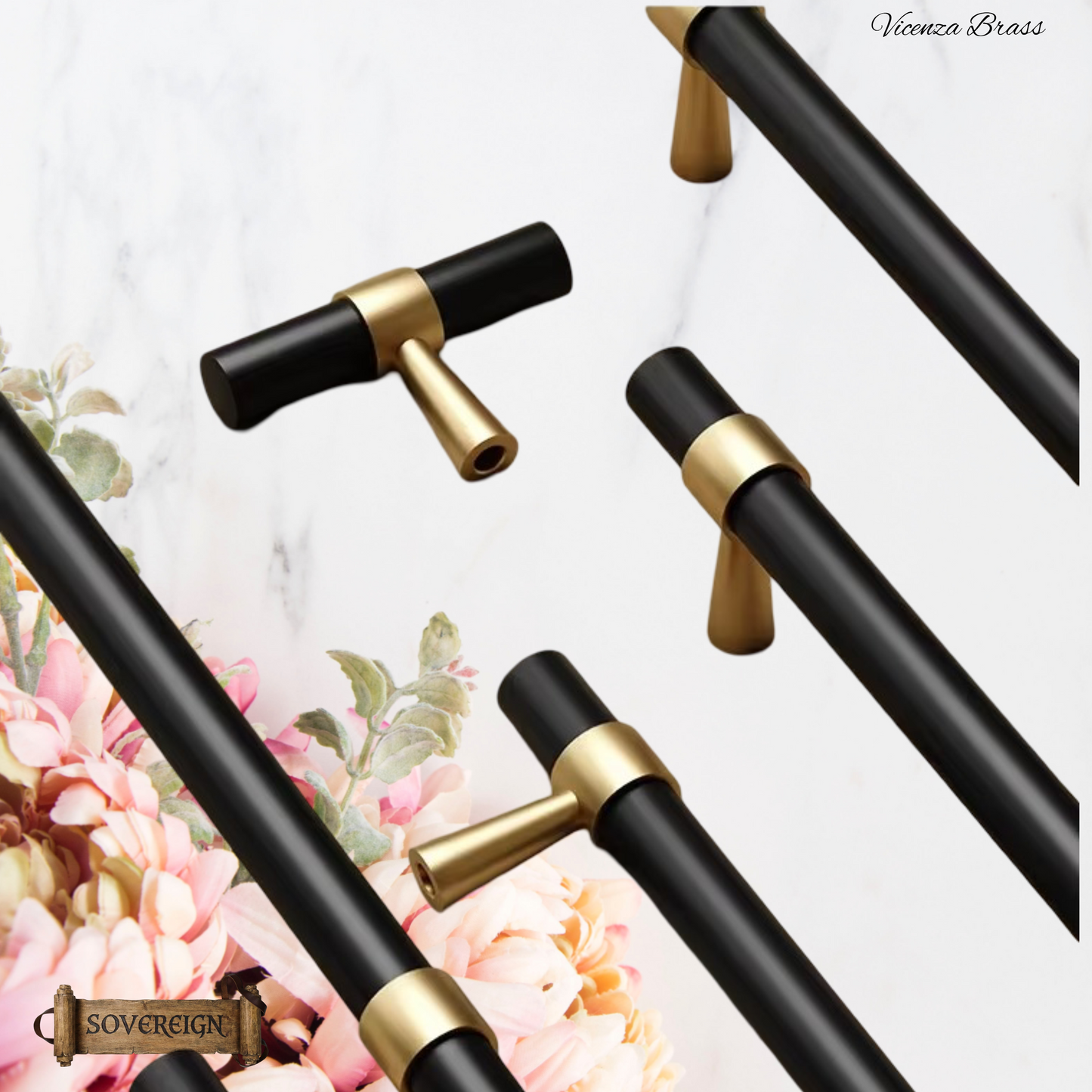 "Vicenza" Sovereign Black & Gold Brass cabinet T-Bar Handles -10 Sizes