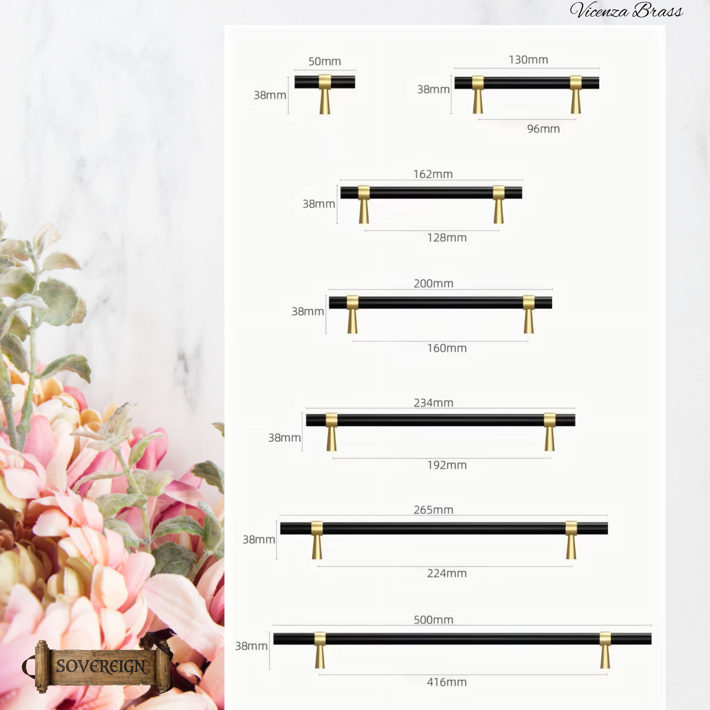 "Vicenza" Sovereign Black & Gold Brass cabinet T-Bar Handles -10 Sizes