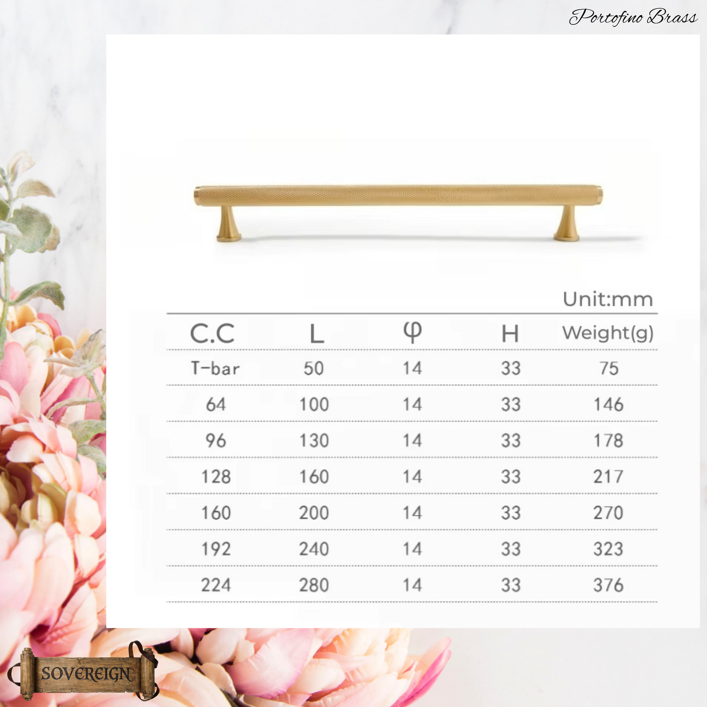 "Portofino" Sovereign Knurled Brushed Brass cabinet T-Bar Handles -9 Sizes