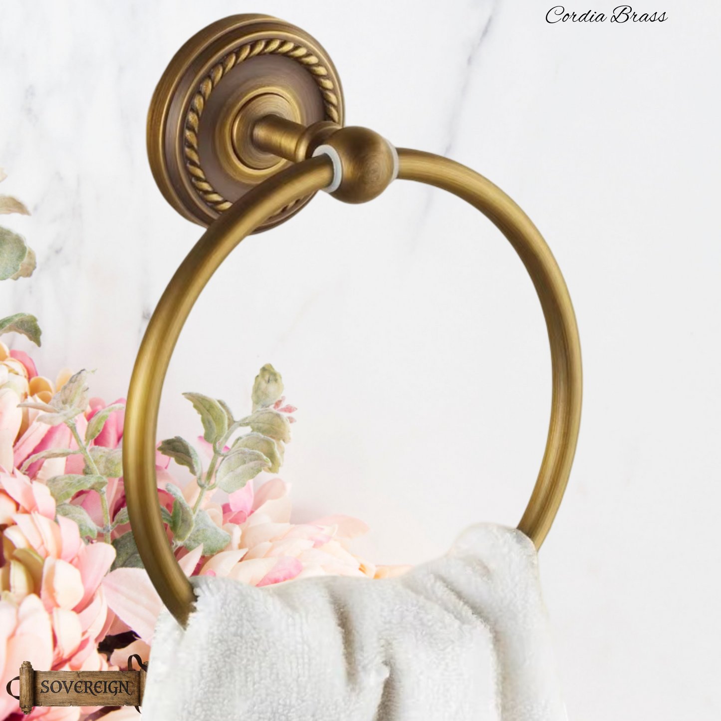 "Cordia" Sovereign Towel Ring -Standard antiqued brass 150mm dia