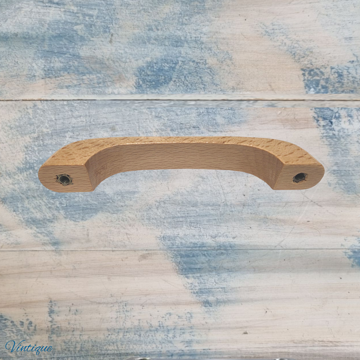 Wooden drawer knob with a lacquered finish, 117mm long, featuring two screw holes for installation, Vintique branding
