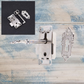 Antique silver latch lock set with key and escutcheon, featuring ornate detailing and a shiny finish.