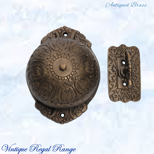 Antiqued Brass Regal manual Turn door bell 92mm dia bell