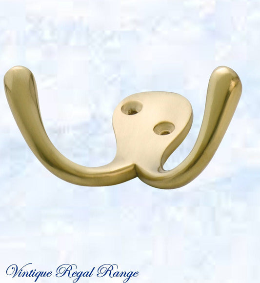 Polished Brass Double Prong Robe Hook 75mm wide-Vintique Concepts