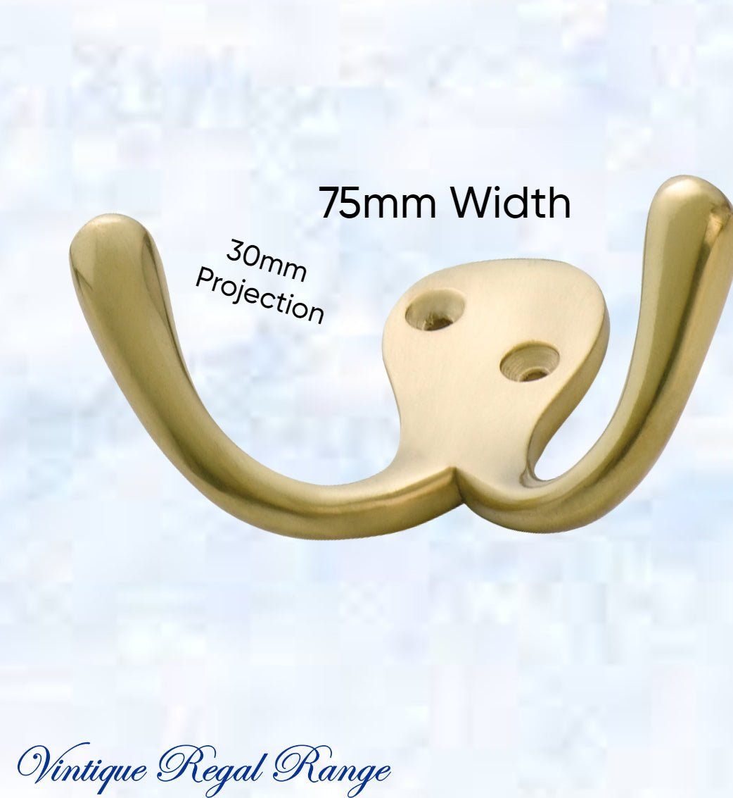 Polished Brass Double Prong Robe Hook 75mm wide-Vintique Concepts