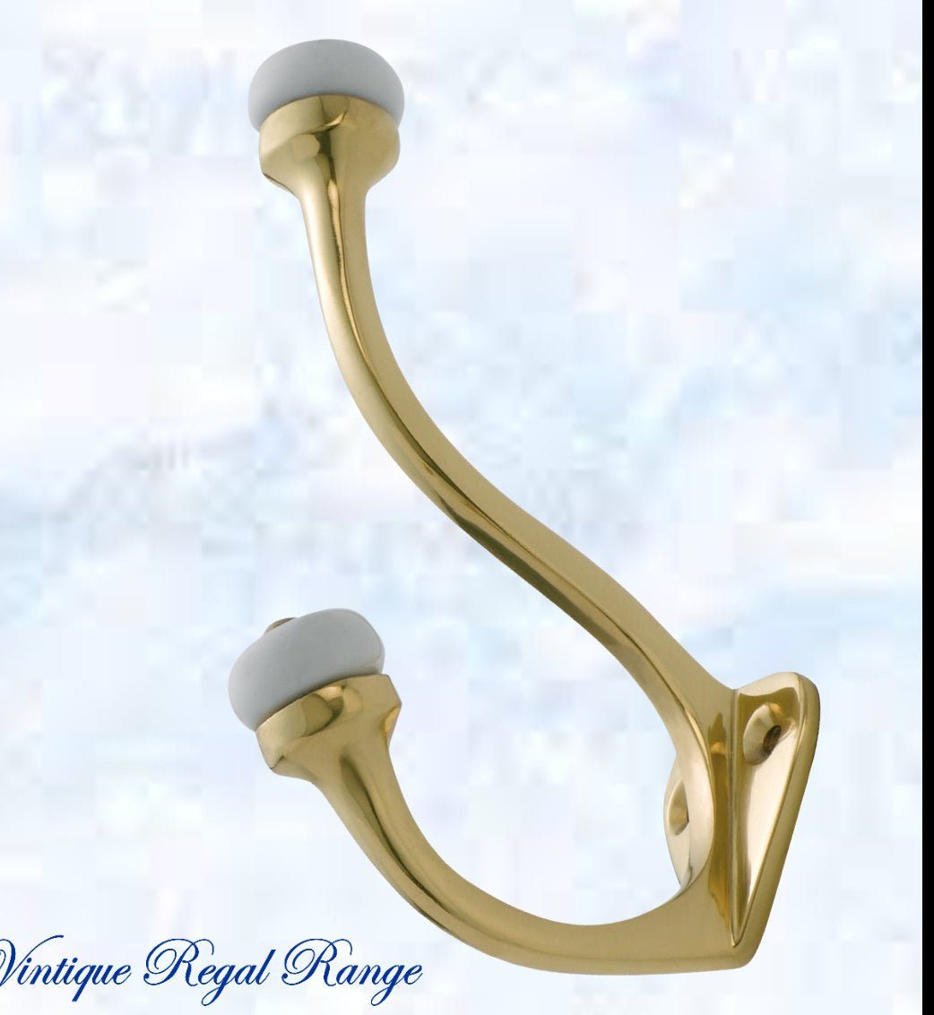 Polished Brass Victorian Coat & Hat Hook W/Porcelian 115mm x 75mm-Vintique Concepts