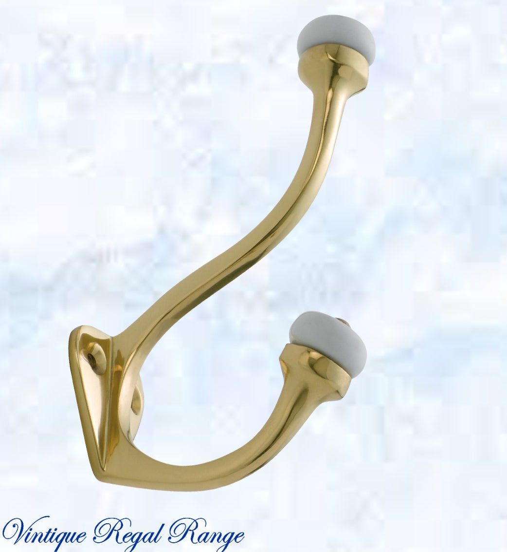 Polished Brass Victorian Coat & Hat Hook W/Porcelian 115mm x 75mm-Vintique Concepts