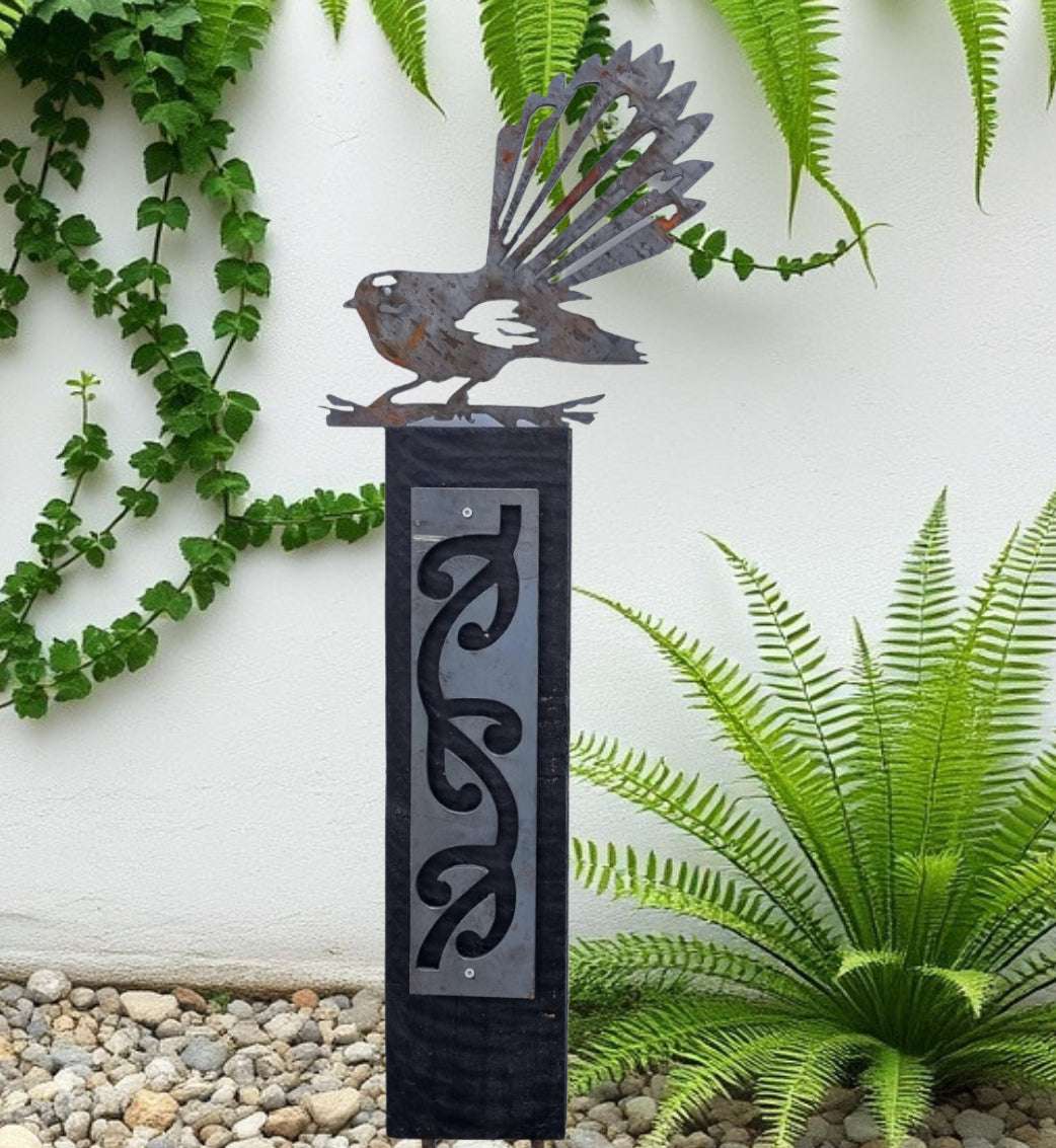Corten Pīwakawaka (NZ fantail)on Black stained Post-Garden Art-Vintique Concepts