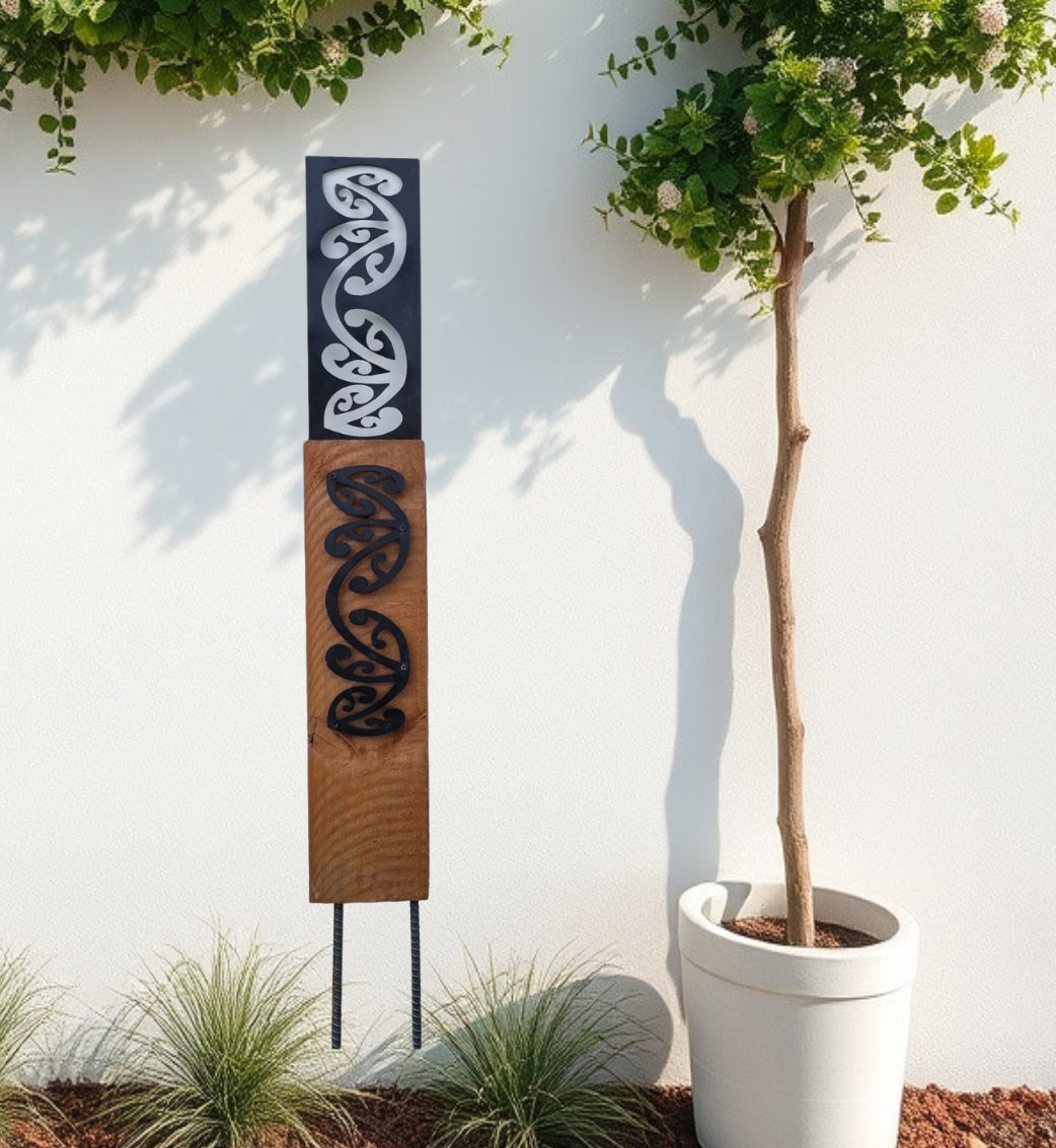 Black metal Koru pattern on Rustic Oak Post-Garden Art-Vintique Concepts