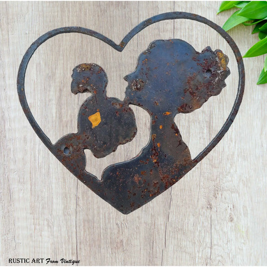 Rustic rusted Steel Mother daughter love heart art 160mm x 160mm - Vintique Concepts