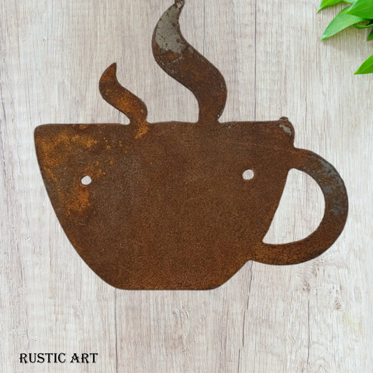 Hot cup of Coffee -Rusty metal  art 165mm x 155mm - Vintique Concepts